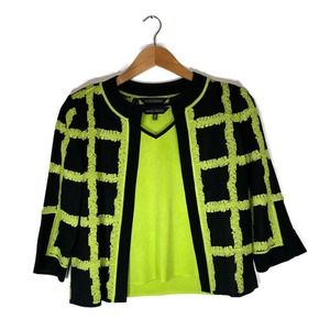 Ming Wang Sz XS Sweater Set 3/4 Sleeve Open Front Shoulder Pads Black Green